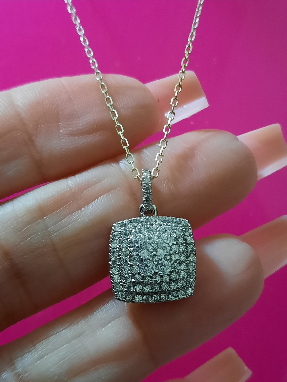 Sterling Silver Pavé Cluster Created Diamond Princess Pendant Necklace 18" Chain